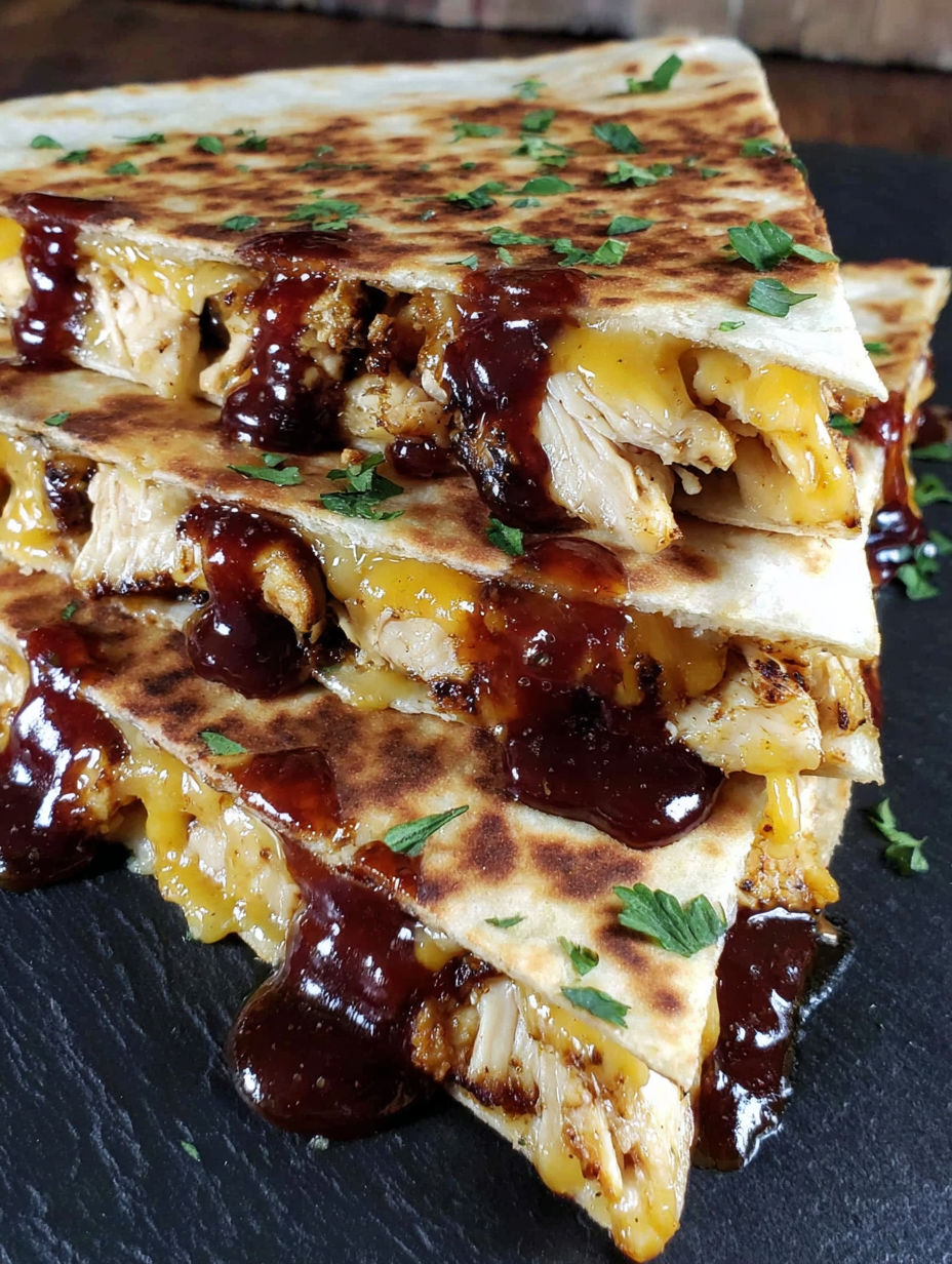 A stack of quesadillas with BBQ sauce on them.