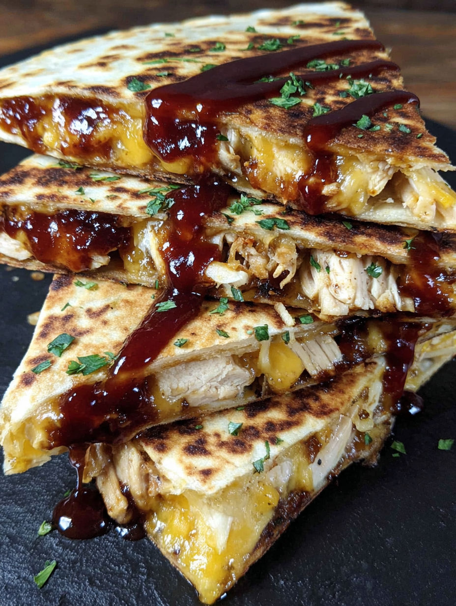 A stack of quesadillas with BBQ sauce on top.