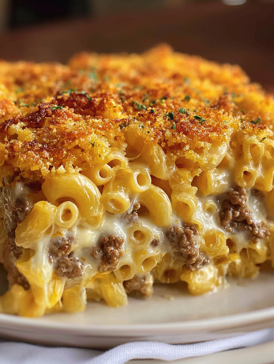 A cheesy macaroni hamburger casserole.
