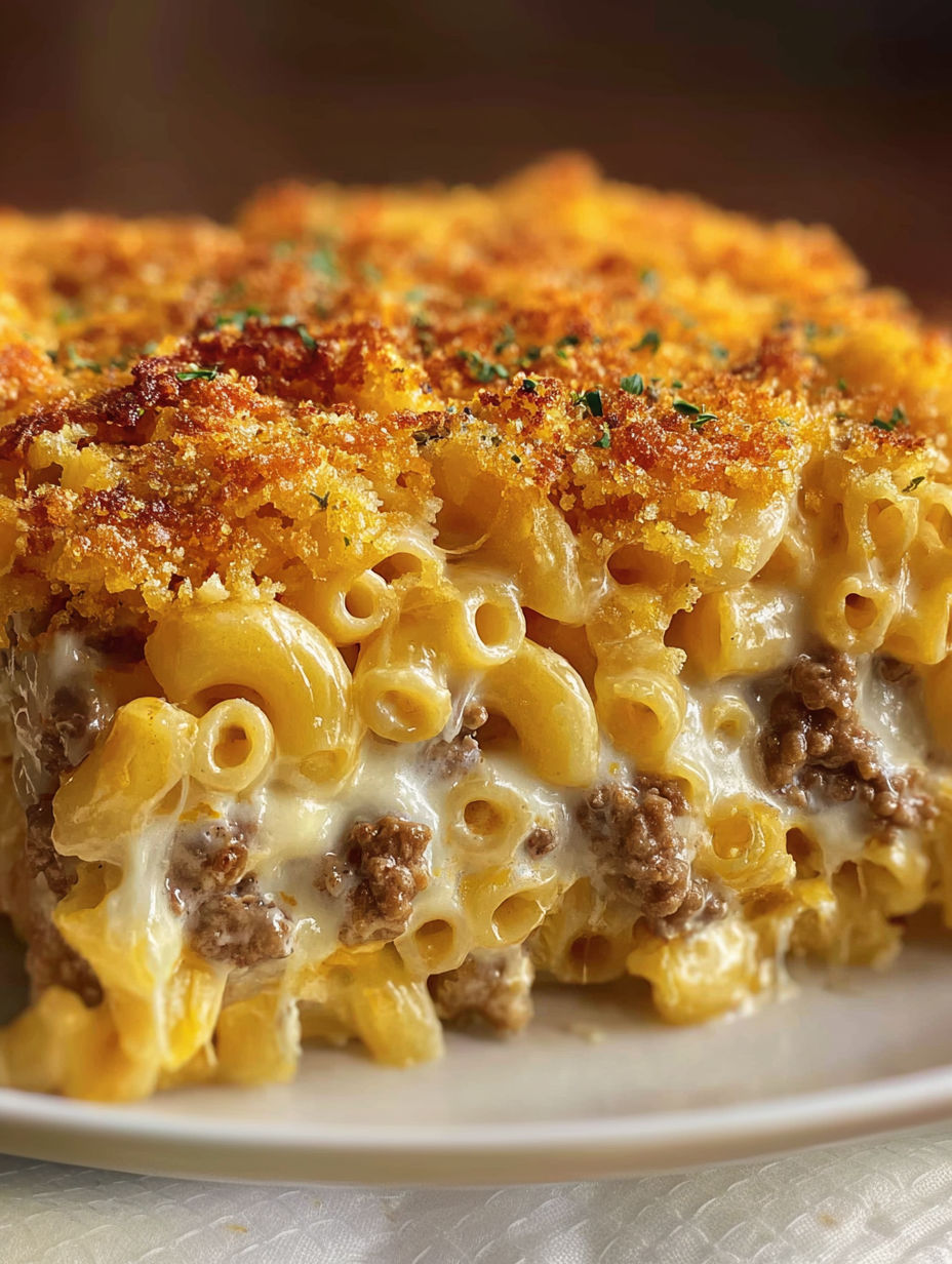 A cheesy macaroni hamburger casserole.