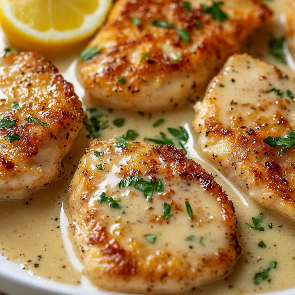 A plate of chicken scallopini with lemon and herbs.