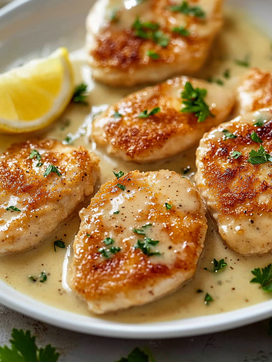 A plate of chicken scallopini with lemon wedges on top.