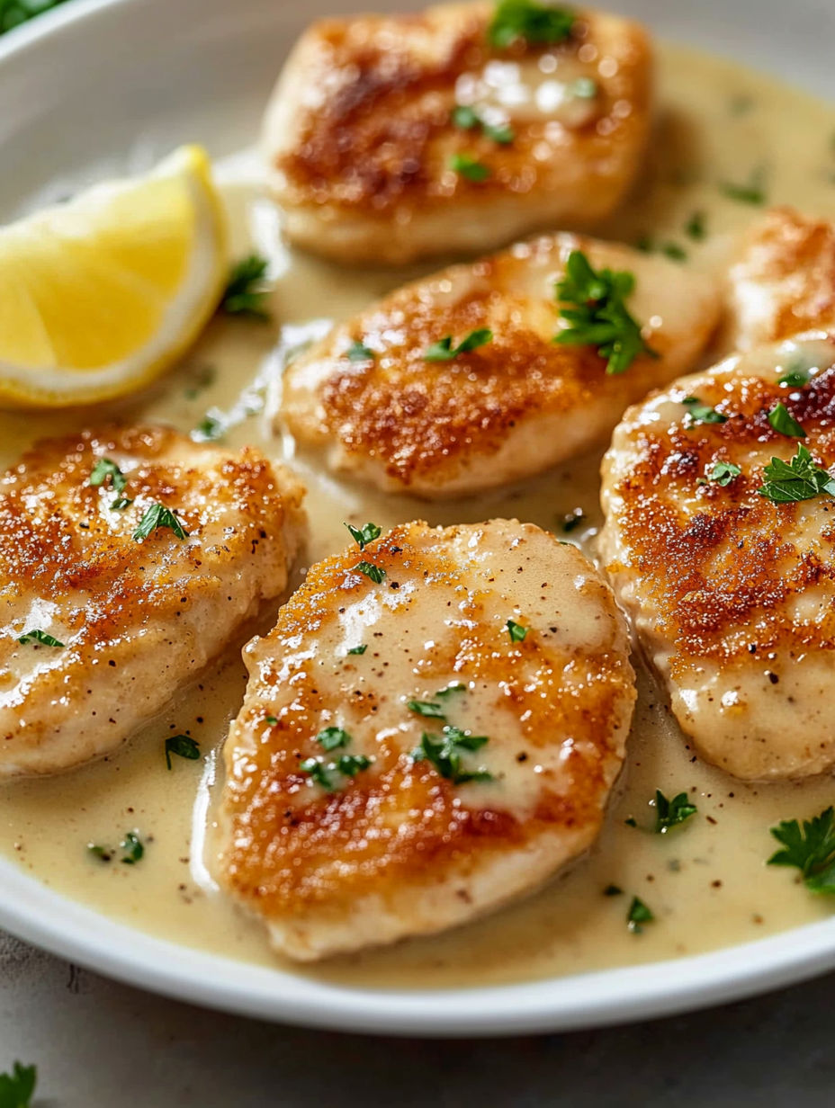A plate of chicken scallopini with a lemon wedge on top.