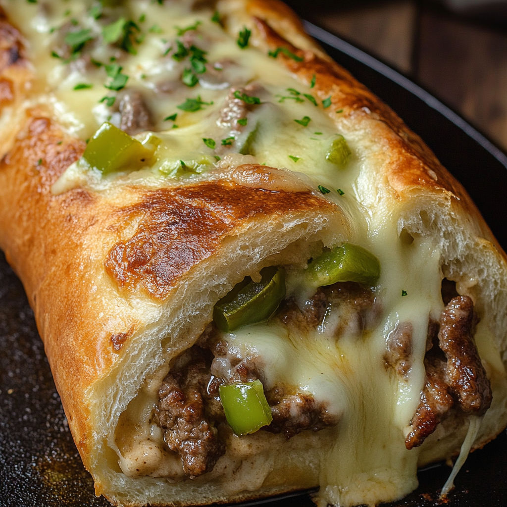 A Philly Cheesesteak Stromboli on a plate.