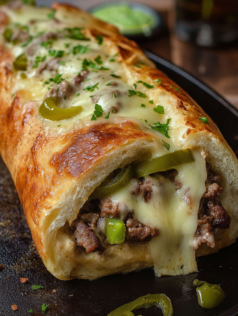 A Philly Cheesesteak Stromboli is served on a black plate.