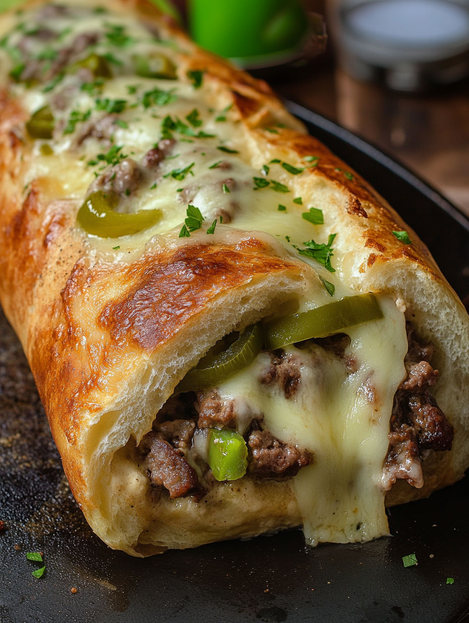 A Philly Cheesesteak Stromboli is sliced and ready to be eaten.