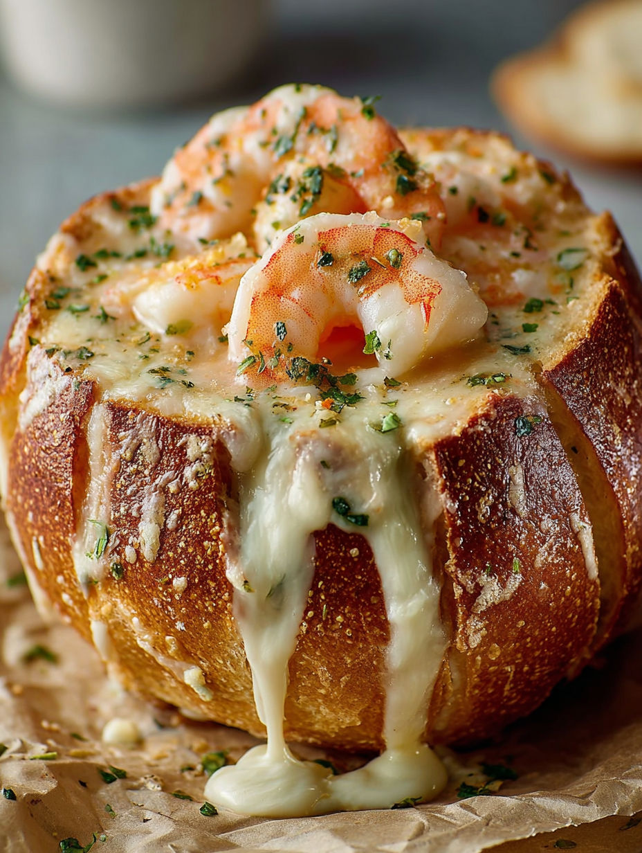 A stuffed seafood bread bowl with shrimp and cheese.