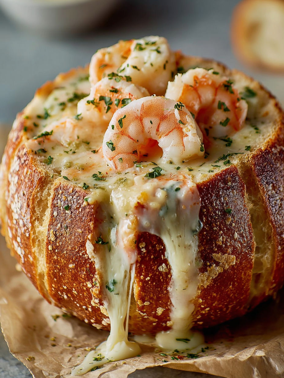 A stuffed seafood bread bowl with shrimp and cheese.