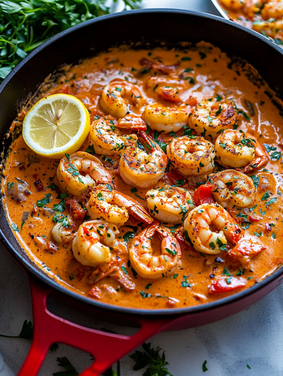 A bowl of shrimp with garlic, paprika, and lemon.