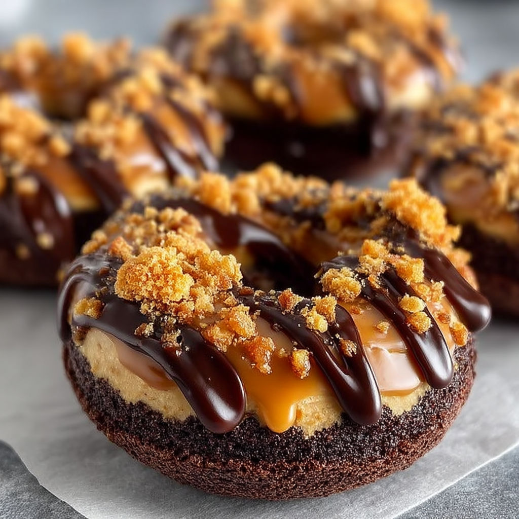 A chocolate and caramel donut with a crunchy topping.