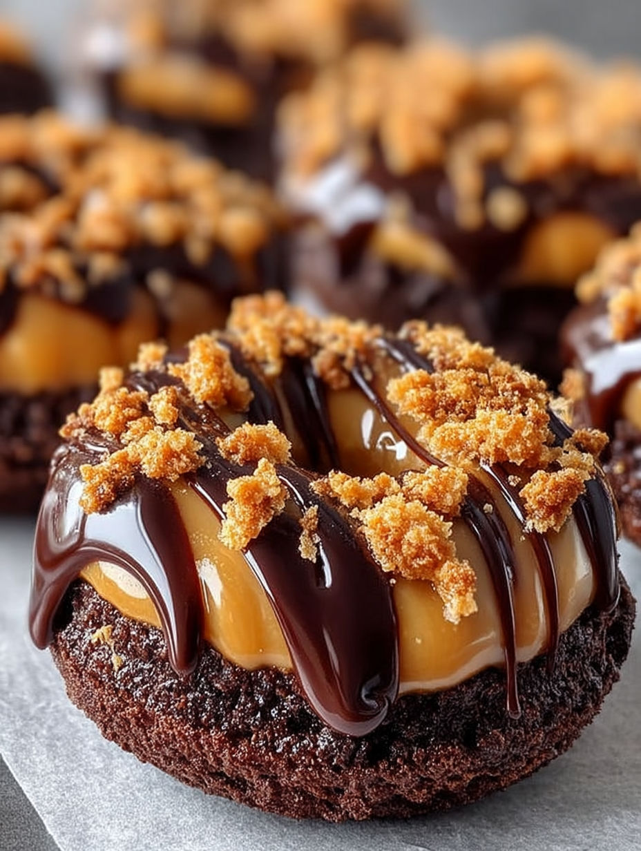 A chocolate caramel donut with a crunchy topping.