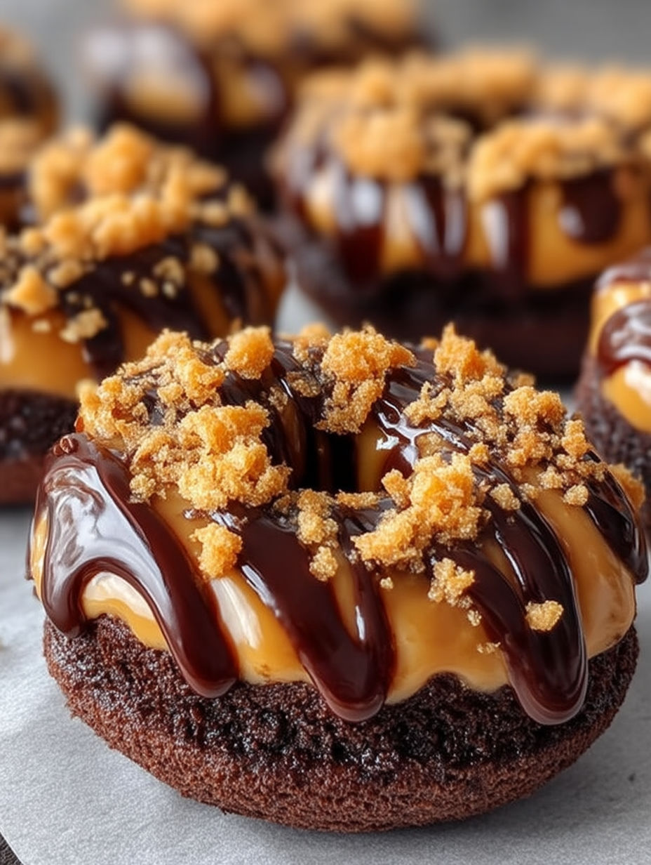 A chocolate caramel donut with chopped nuts on top.