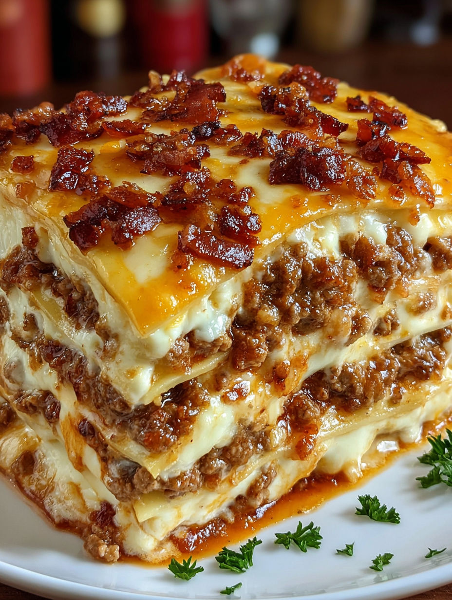 A stack of Parmesan Garlic Bacon Lasagna.