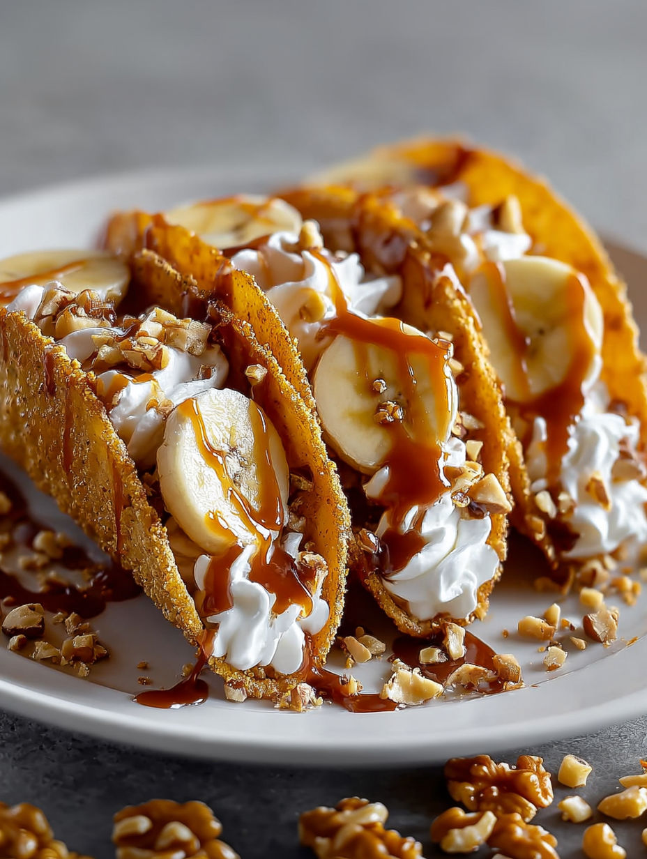 A plate of banana nut tacos with caramel drizzle.