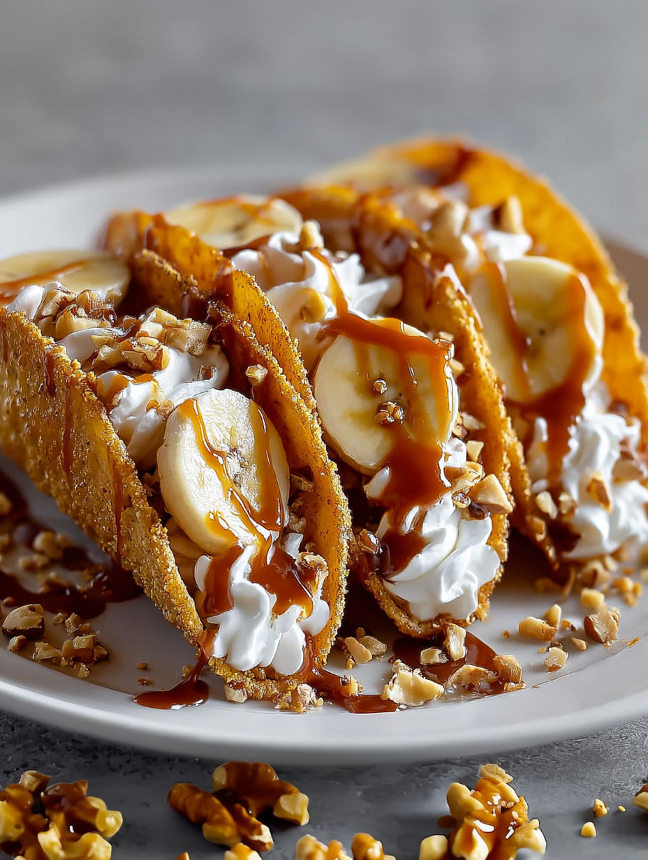 A plate of banana and caramel tacos.