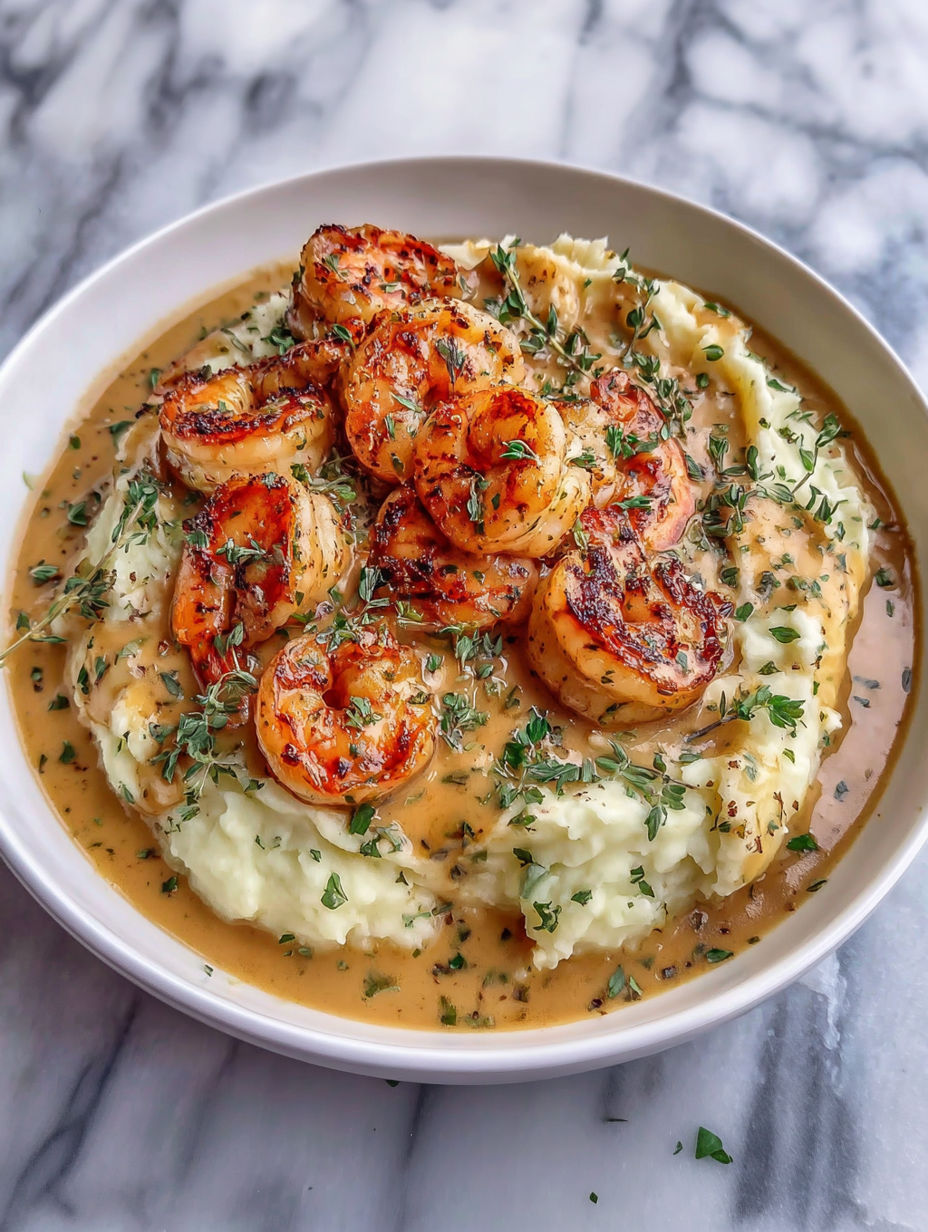 A bowl of food with shrimp and potatoes.