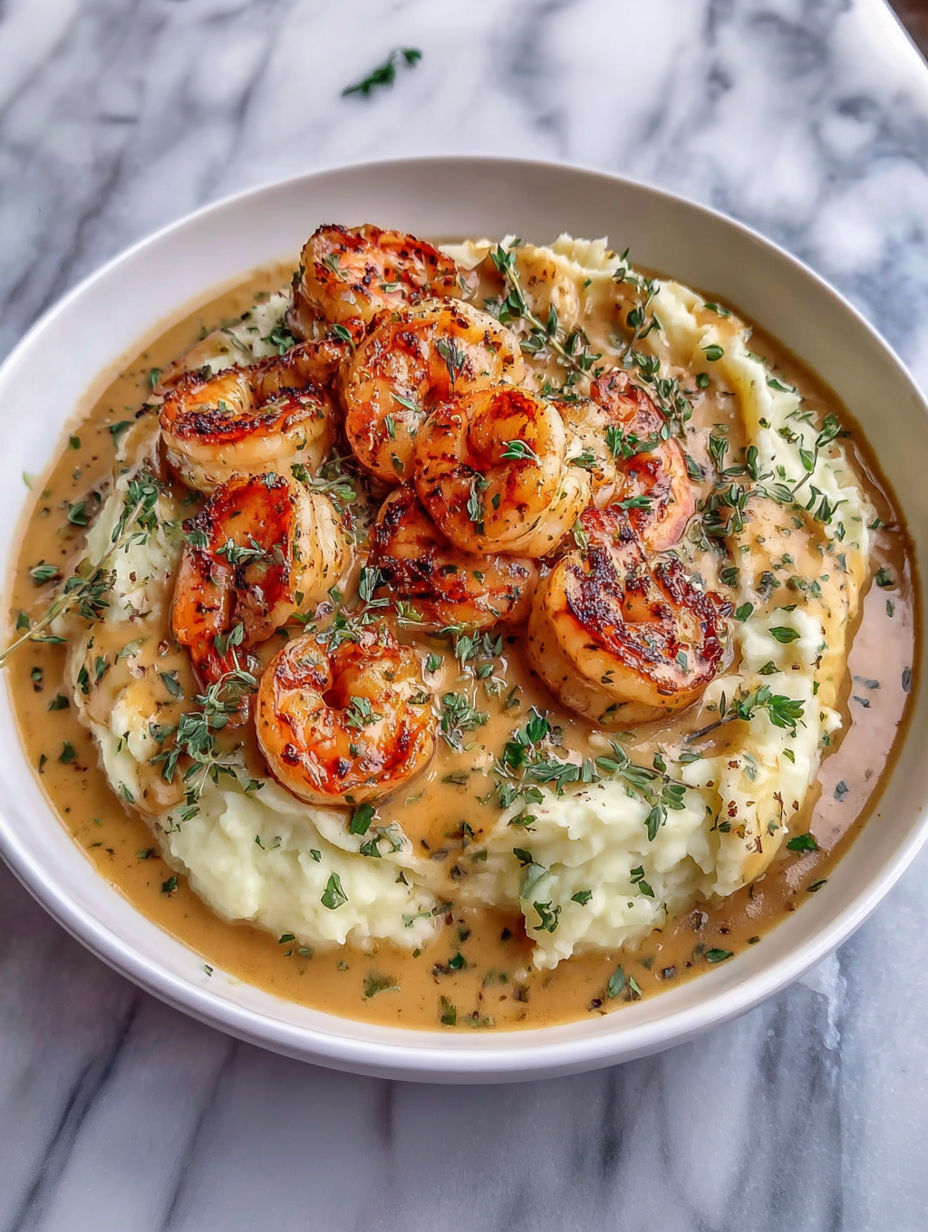 A bowl of food with shrimp and potatoes.