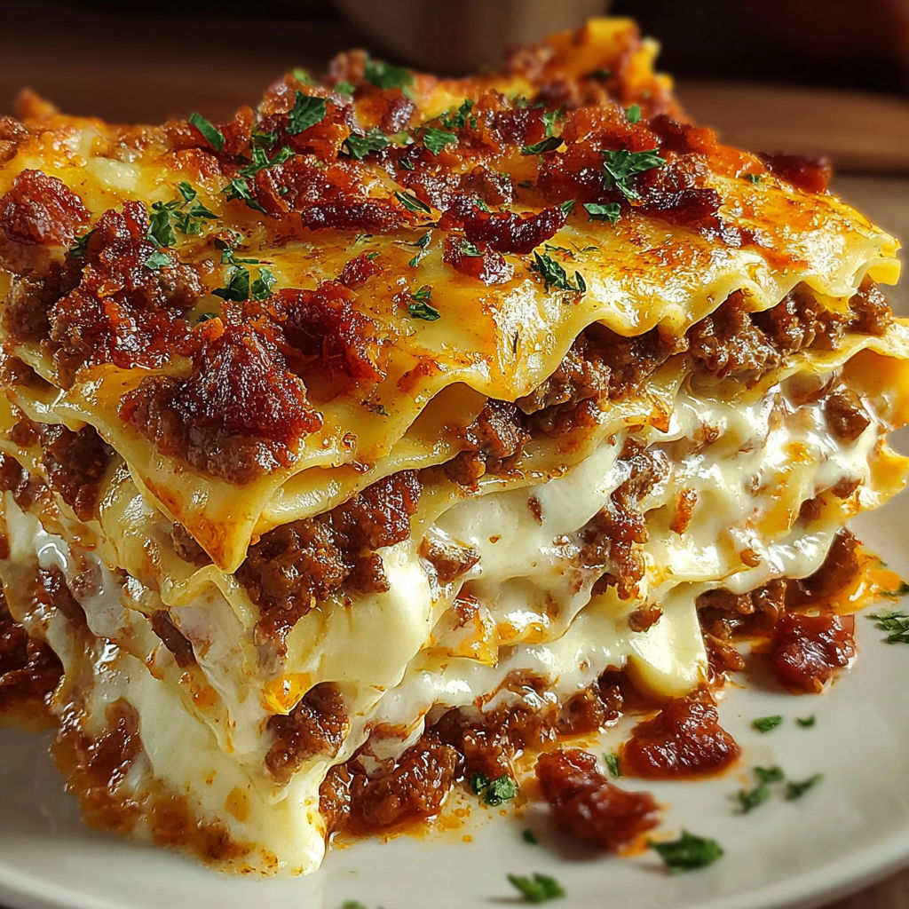 A plate of Parmesan Garlic Bacon Lasagna.