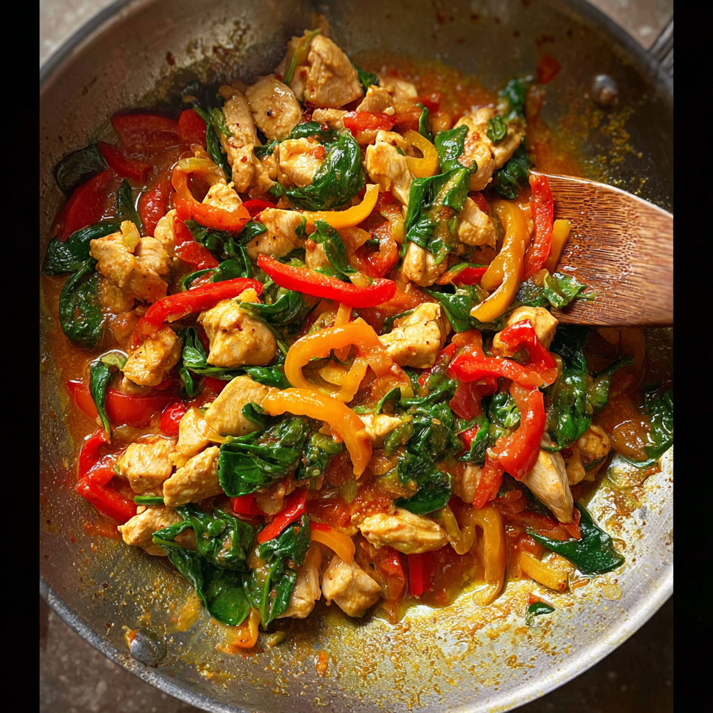 A pan of chicken and spinach.