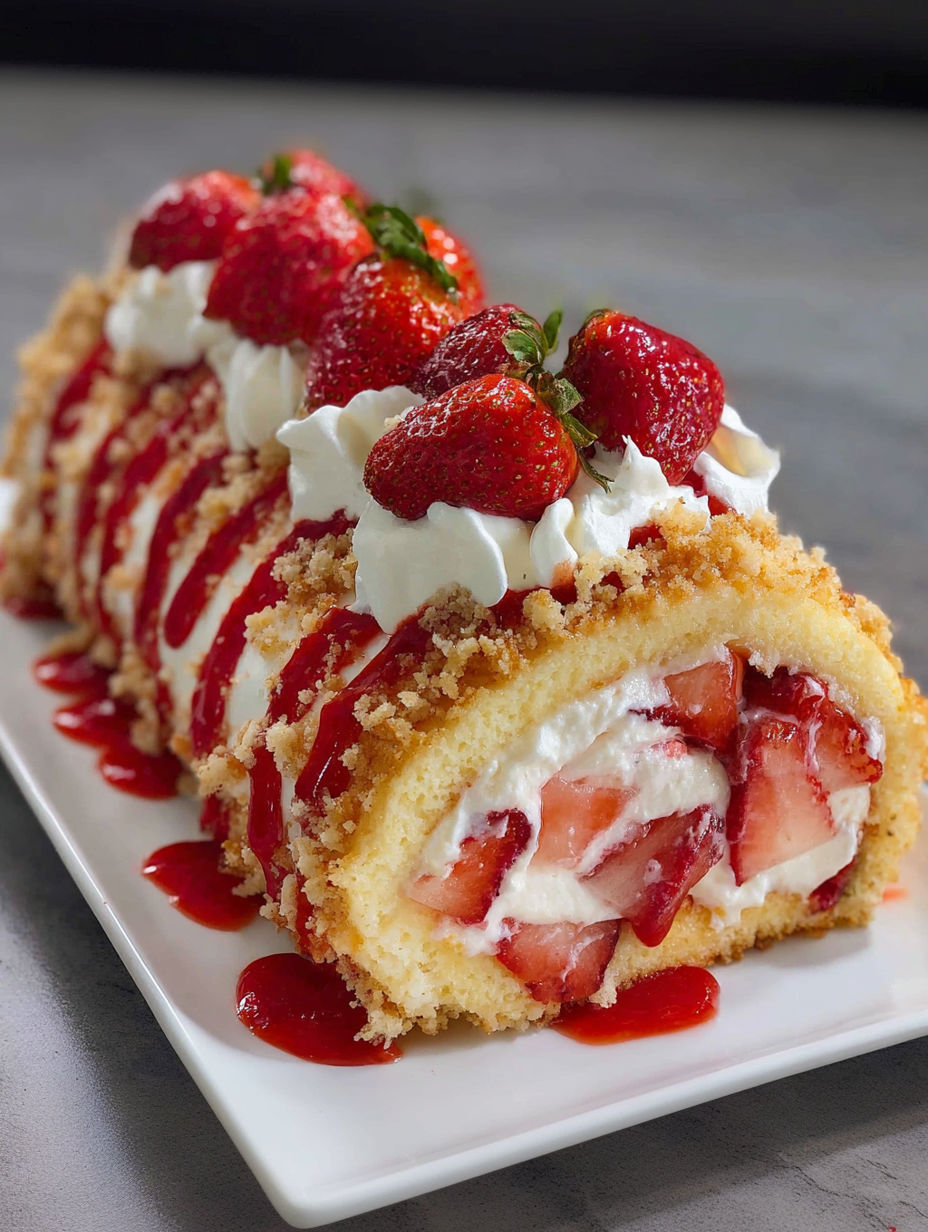 A dessert roll with strawberries and whipped cream.