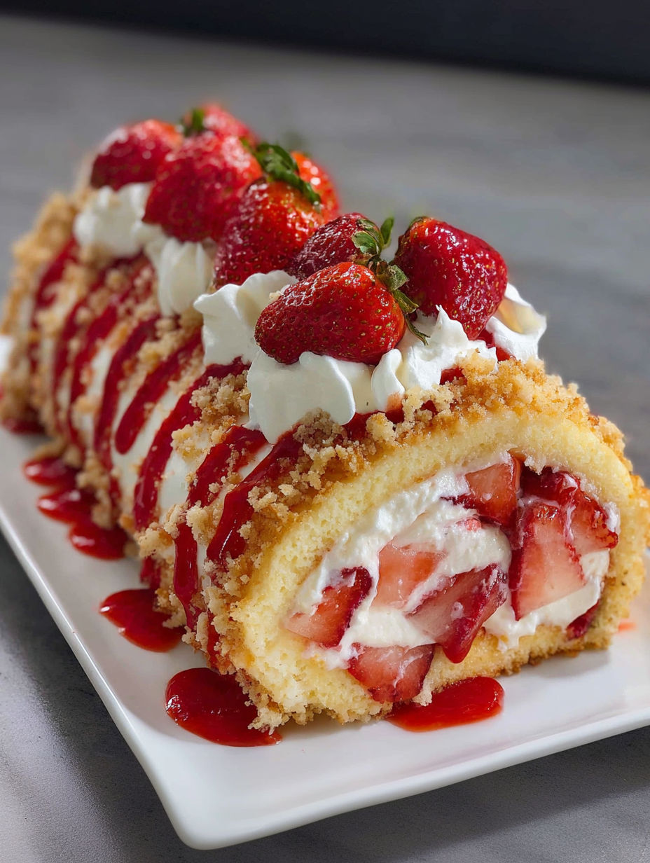 A dessert roll with strawberries and whipped cream.