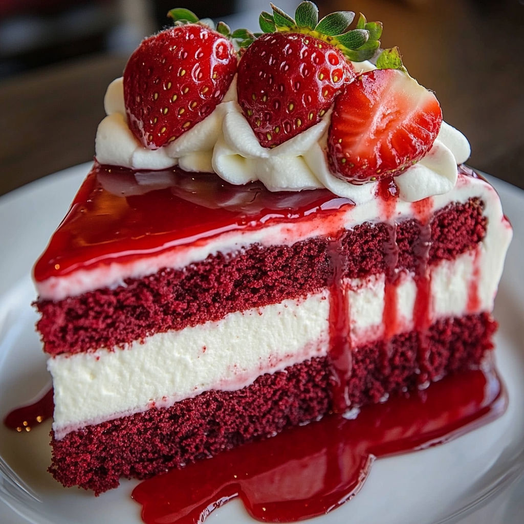A slice of red velvet strawberry cheesecake.
