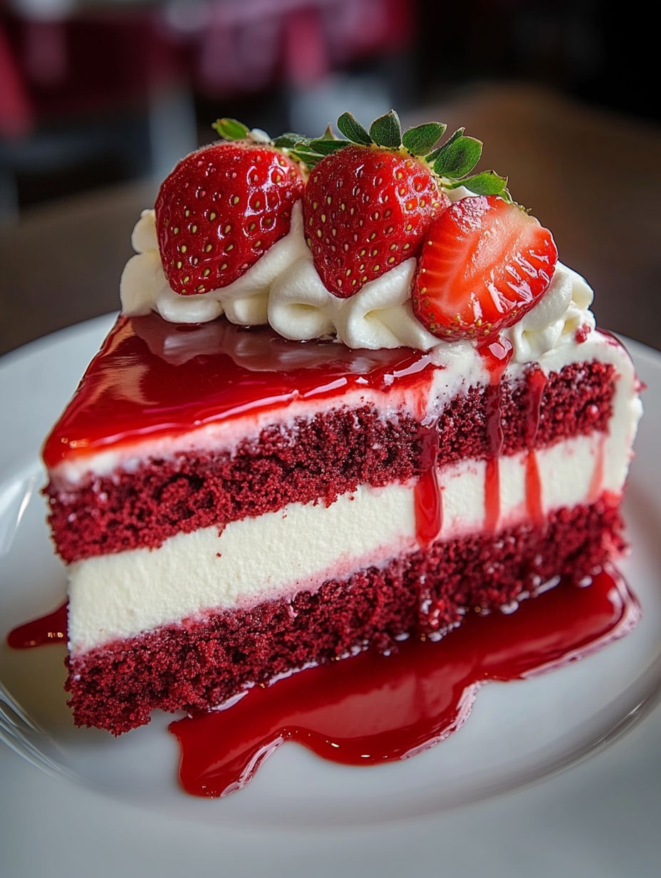 A slice of red velvet strawberry cheesecake.