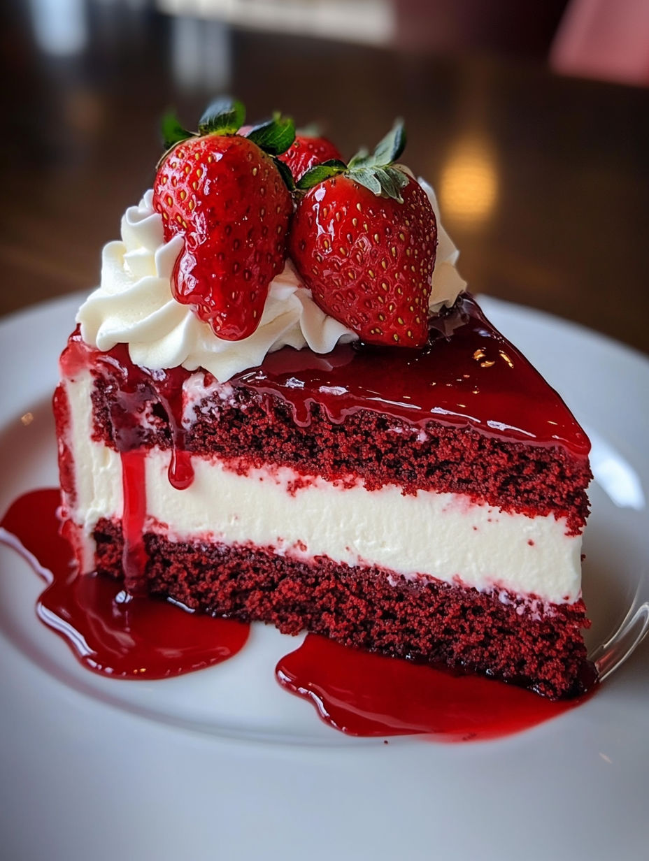 A slice of red velvet strawberry cheesecake.