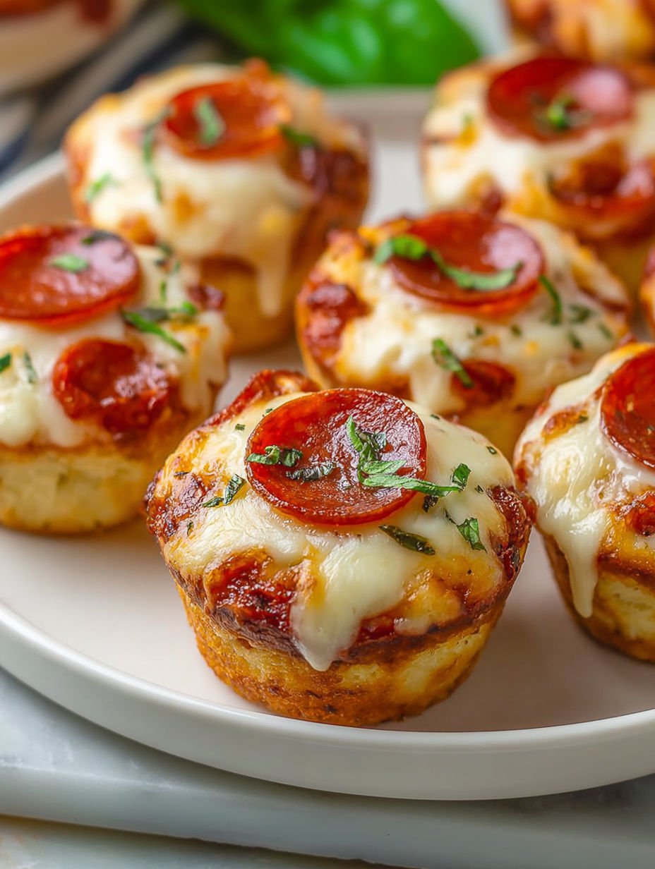 A plate of muffin cupcakes with pepperoni and cheese.
