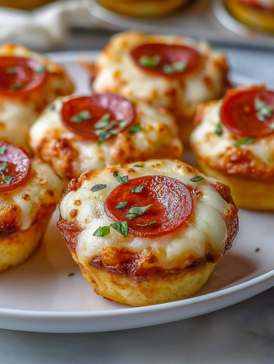 A plate of muffin cupcakes with tomato sauce and cheese.