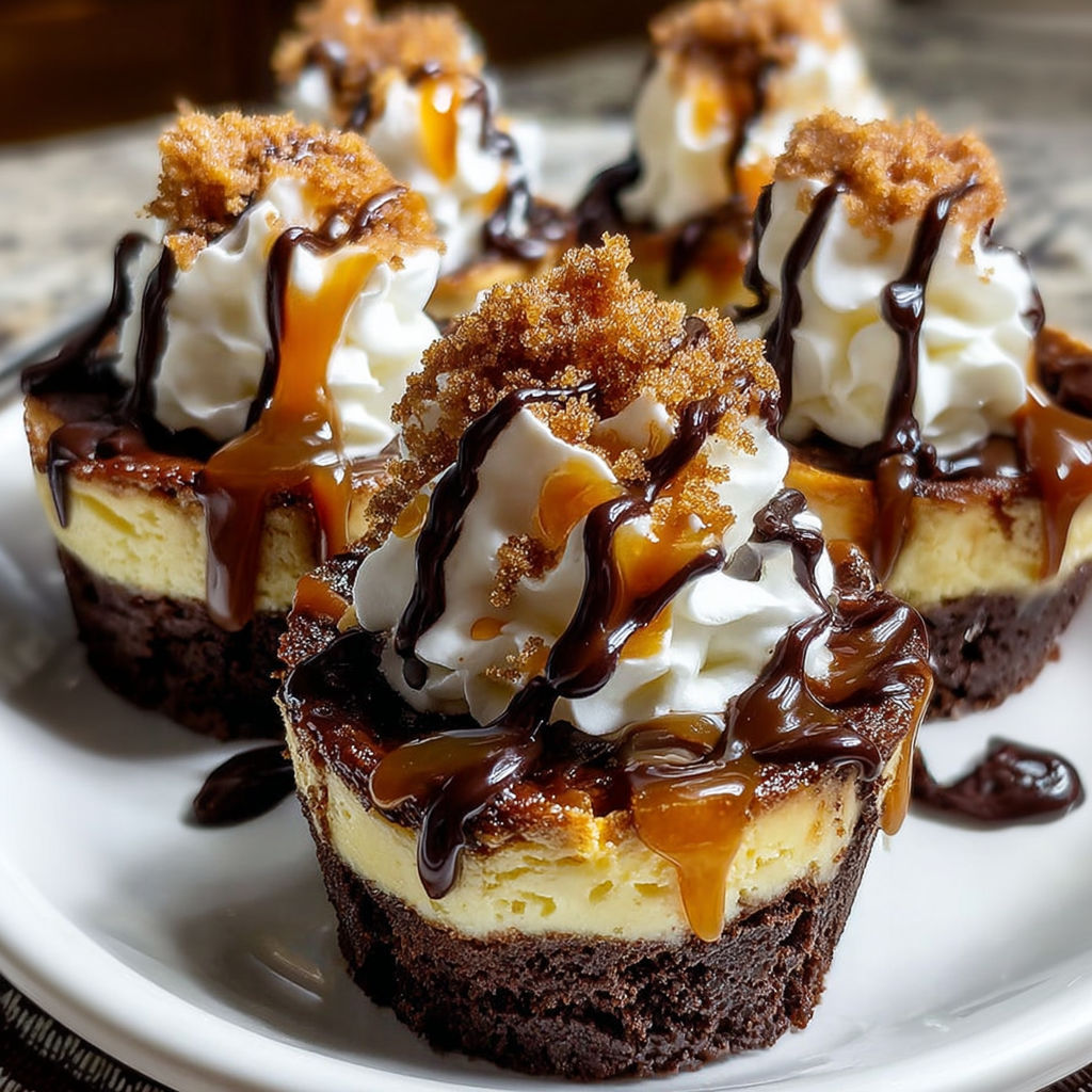Loaded brownie cheesecake cups with whipped cream and caramel drizzle.