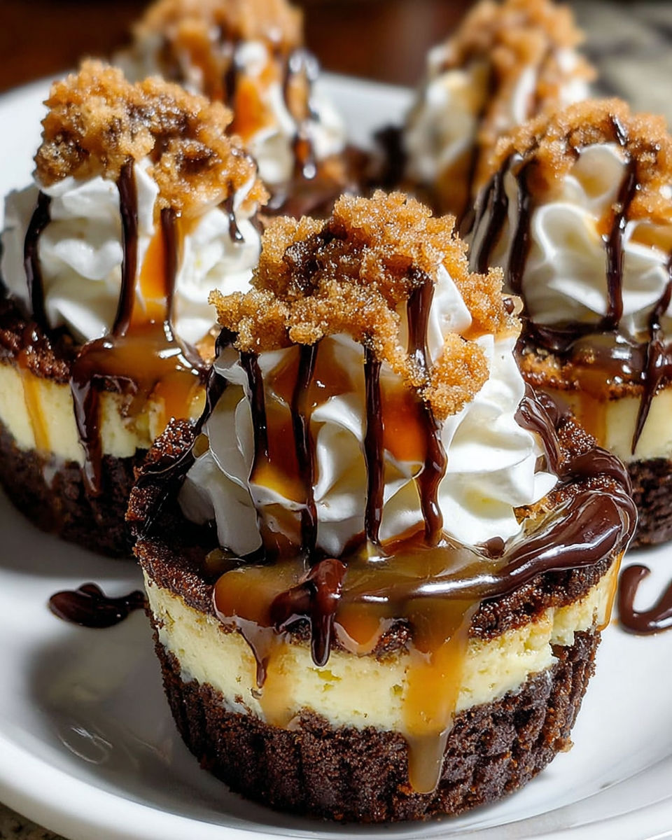 Loaded brownie cheesecake cups with white whipped cream and chocolate drizzle.
