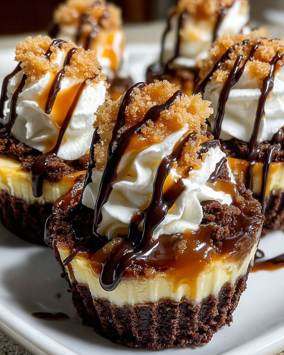Loaded brownie cheesecake cups with whipped cream and chocolate drizzle.