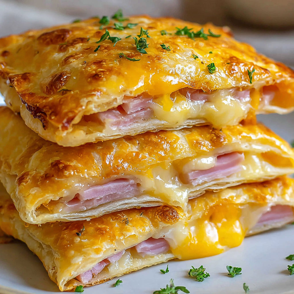 A stack of ham cheese pockets.