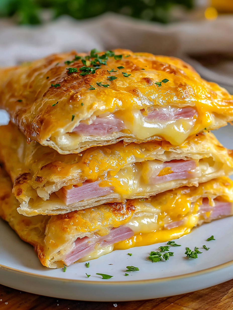 A stack of ham cheese pockets.
