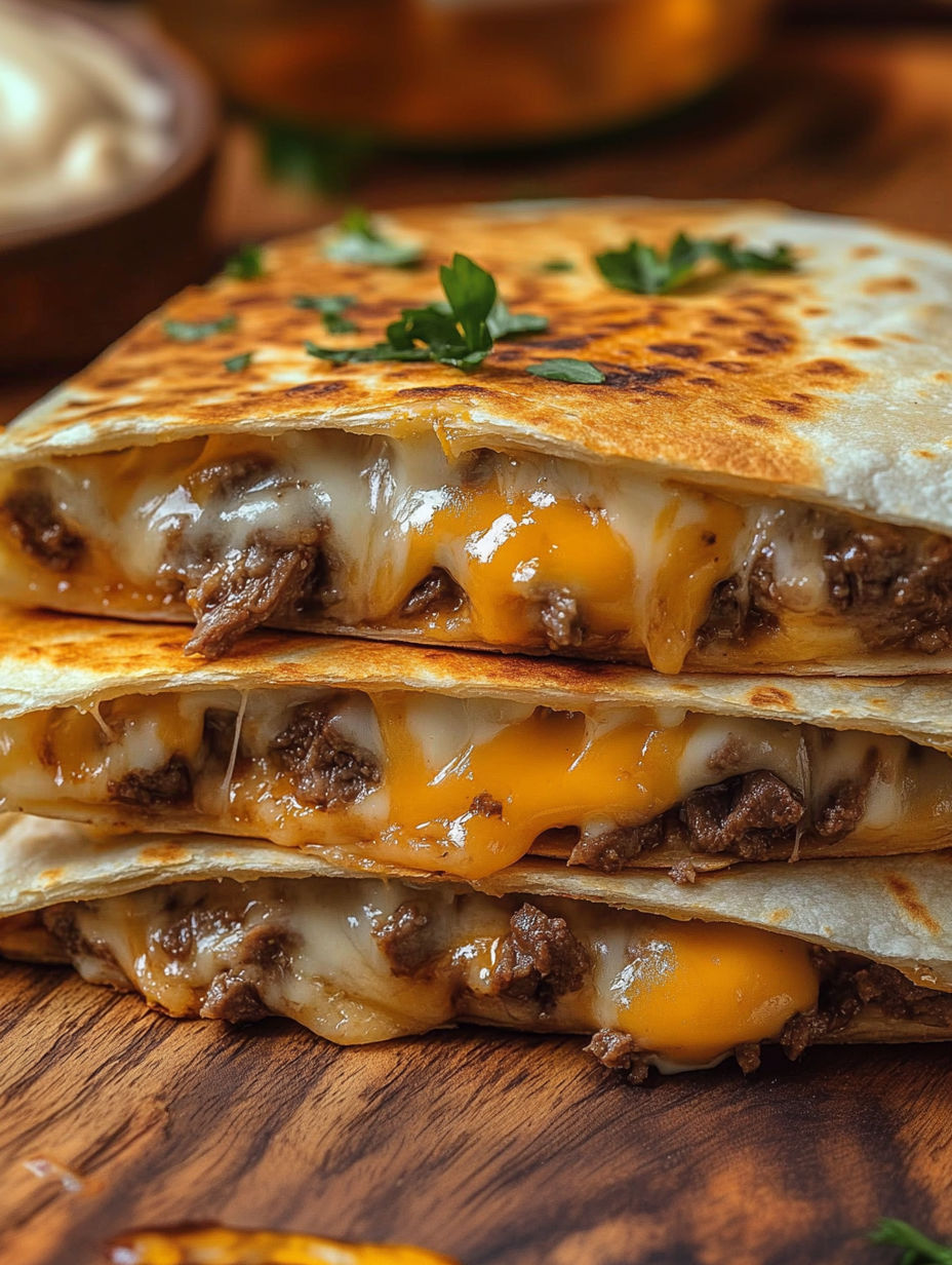 A stack of three steak quesadillas.