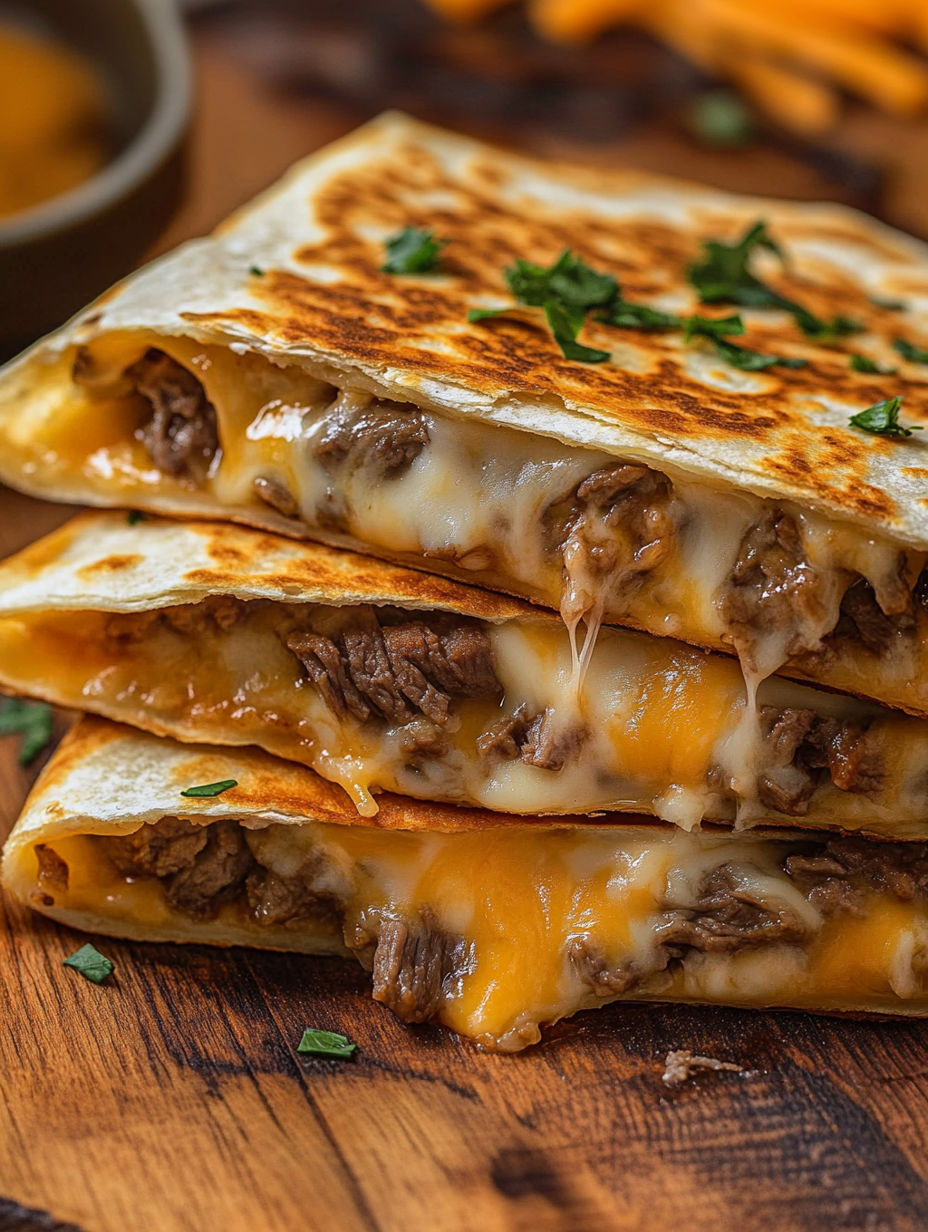 A stack of three steak quesadillas.