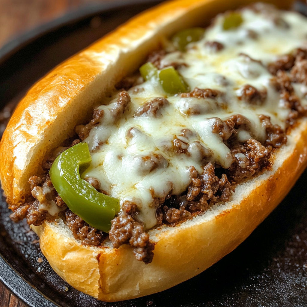 A Philly Cheese Steak Joe with peppers and onions.