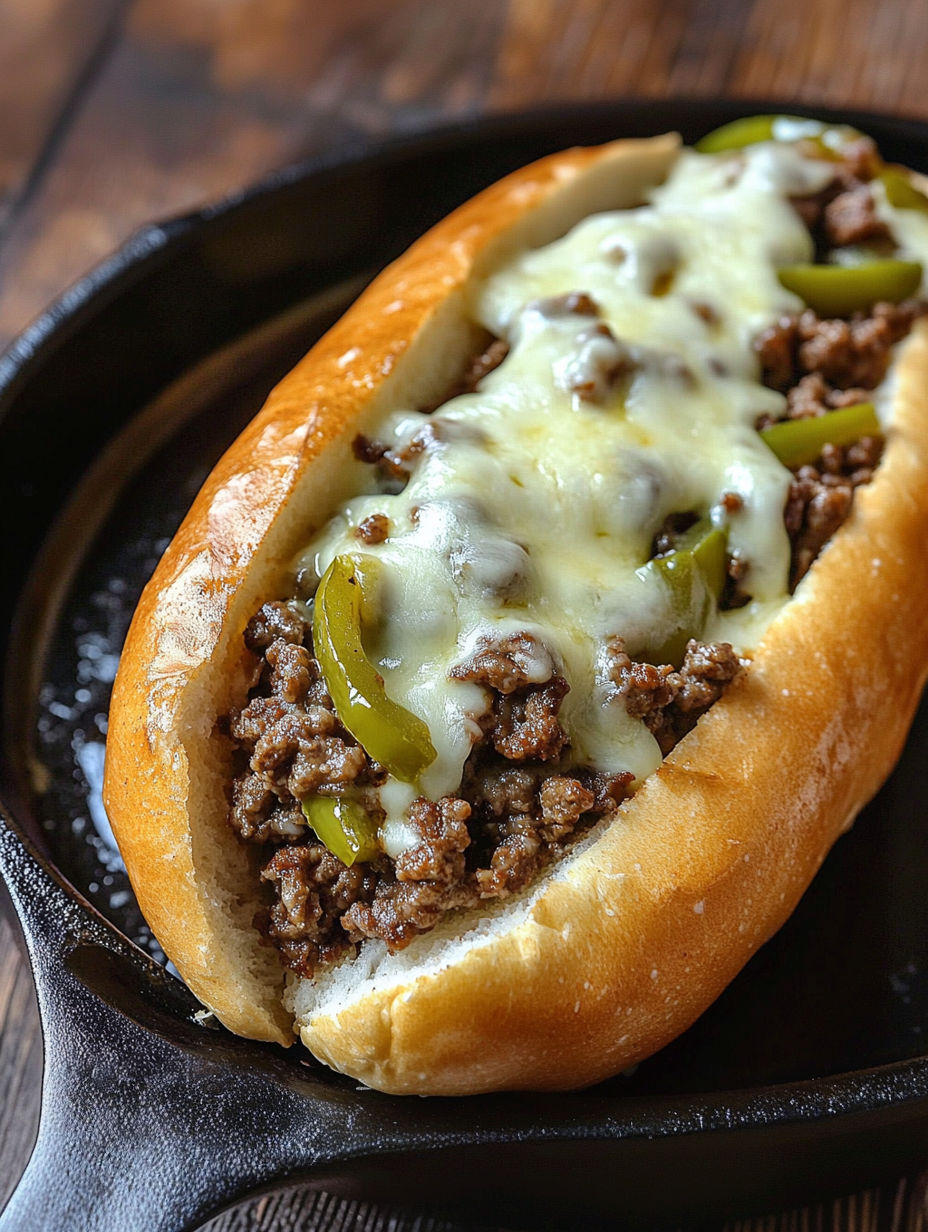 A Philly Cheese Steak Joe is served in a black pan.