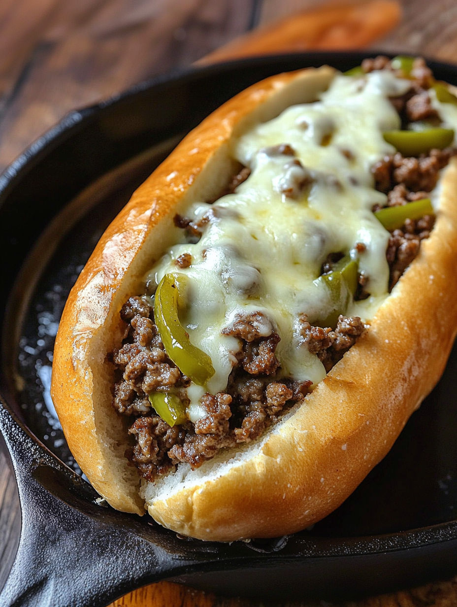 A Philly Cheese Steak Joe with cheese and peppers.