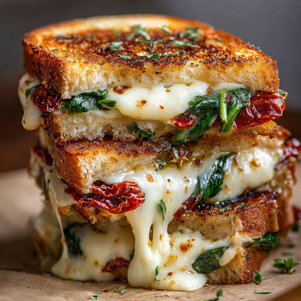A stack of sandwiches with spinach and cheese.