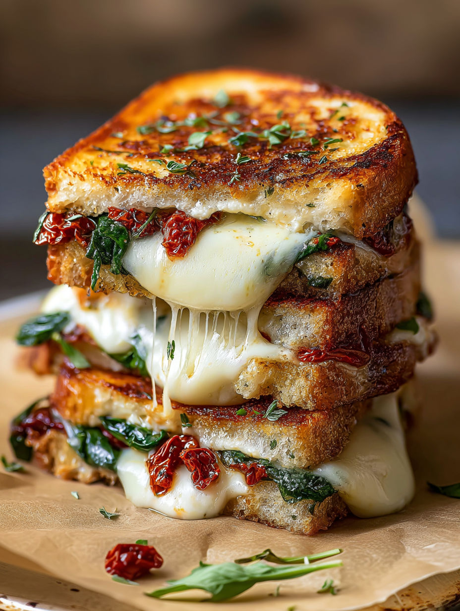 A stack of sandwiches with spinach and cheese.