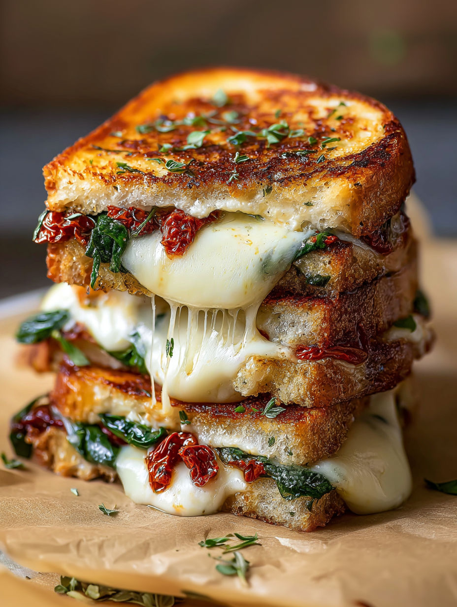 A stack of sandwiches with spinach and cheese.