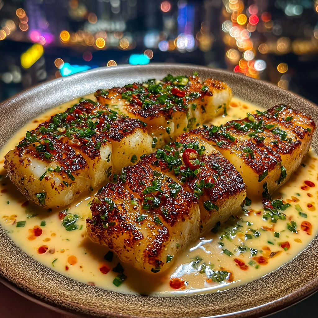 Garlic butter cod strips on a plate.