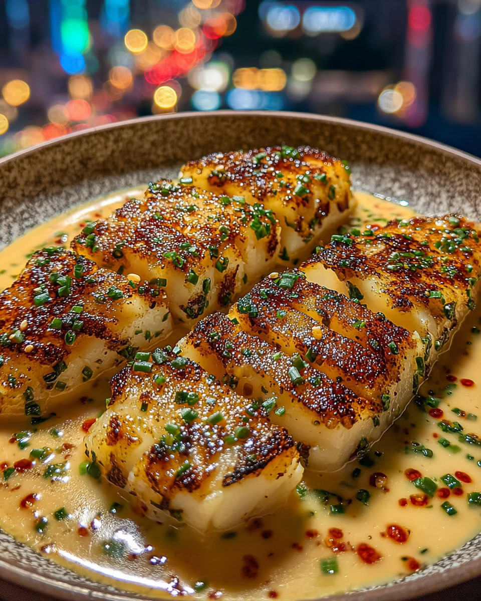Garlic butter cod strips on a plate.