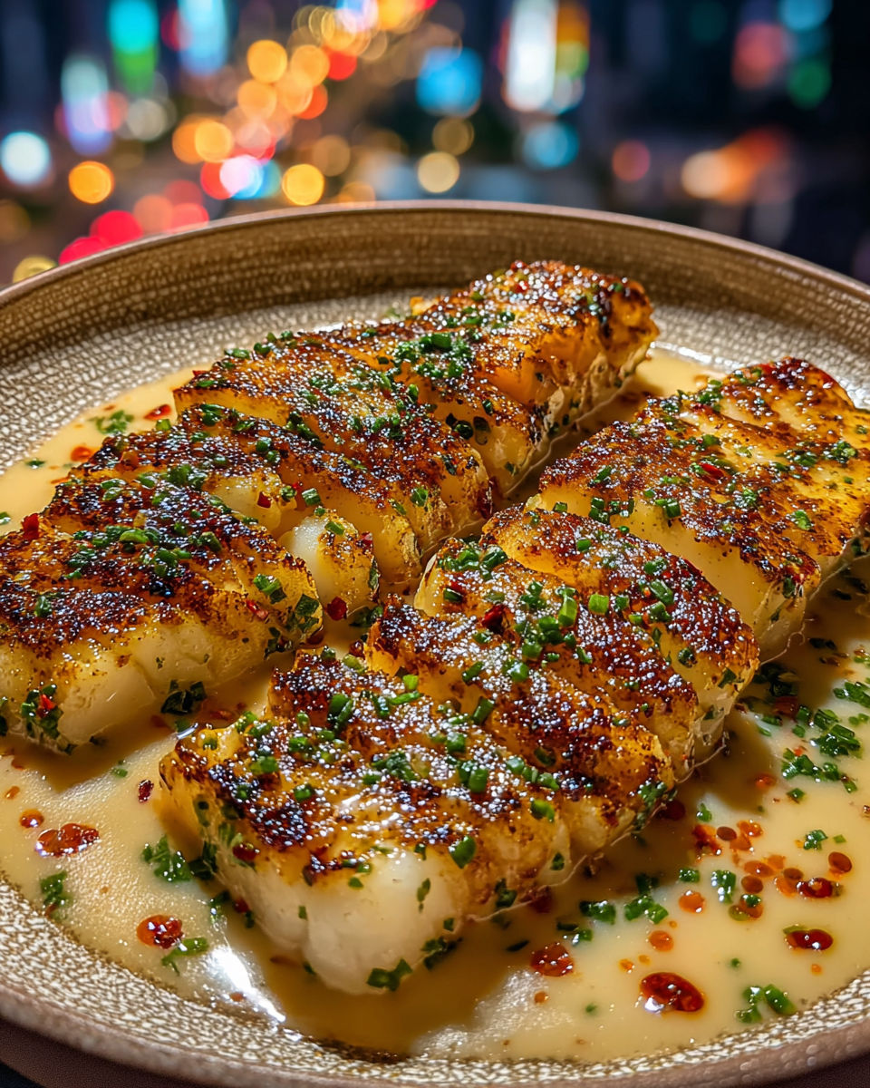 Garlic butter cod strips on a plate.