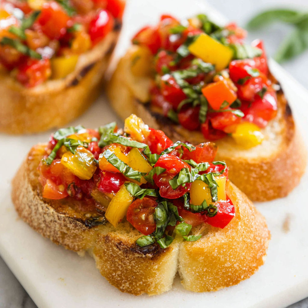 Two pieces of bread with tomatoes and basil on top.