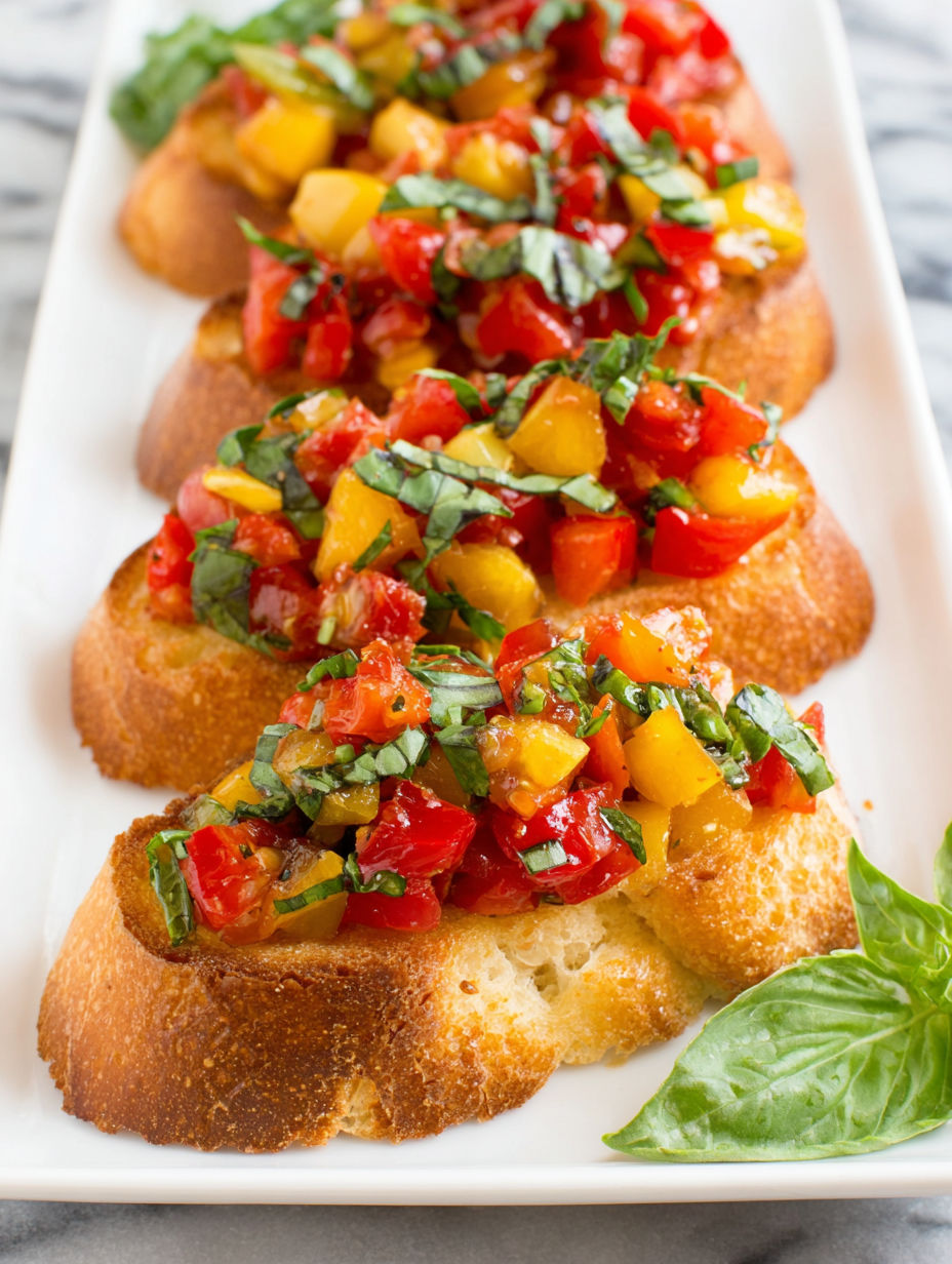A plate of bruschetta with tomatoes and basil.