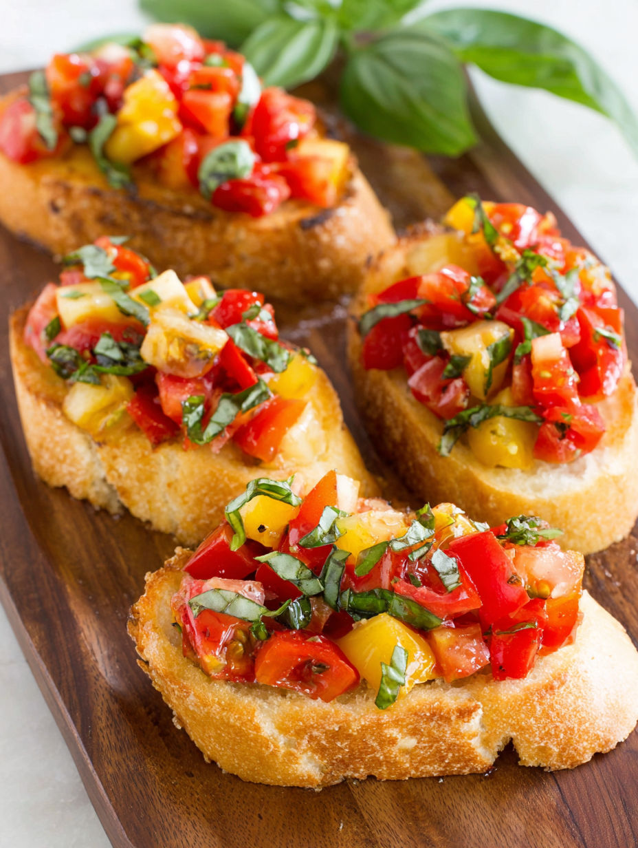 A slice of bread with tomatoes and basil on it.