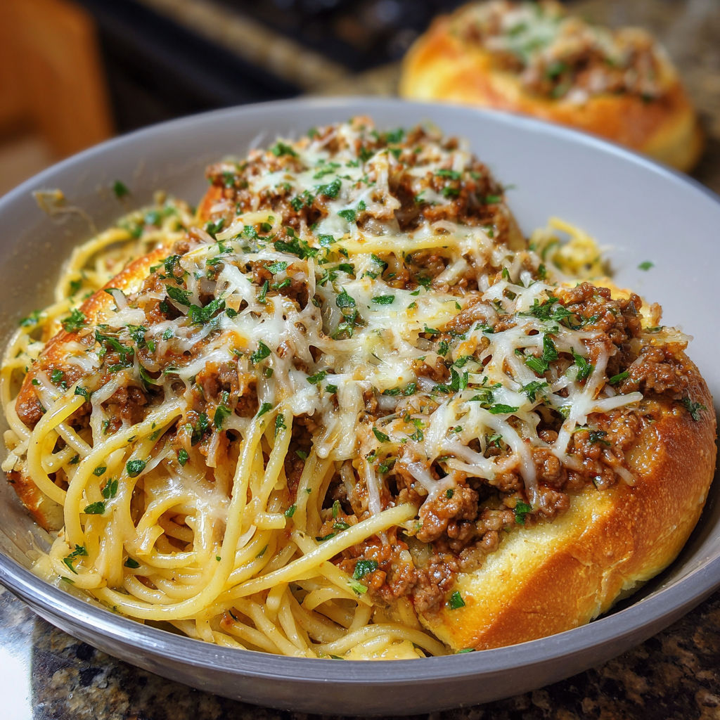 A bowl of spaghetti with garlic bread.